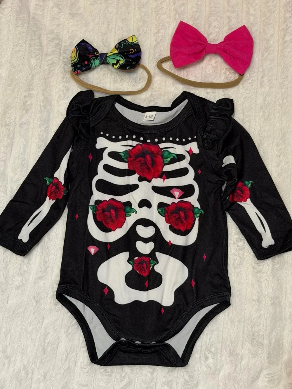 Kids Skeleton Rose Tutu Costume Dress with Hot Pink Bow